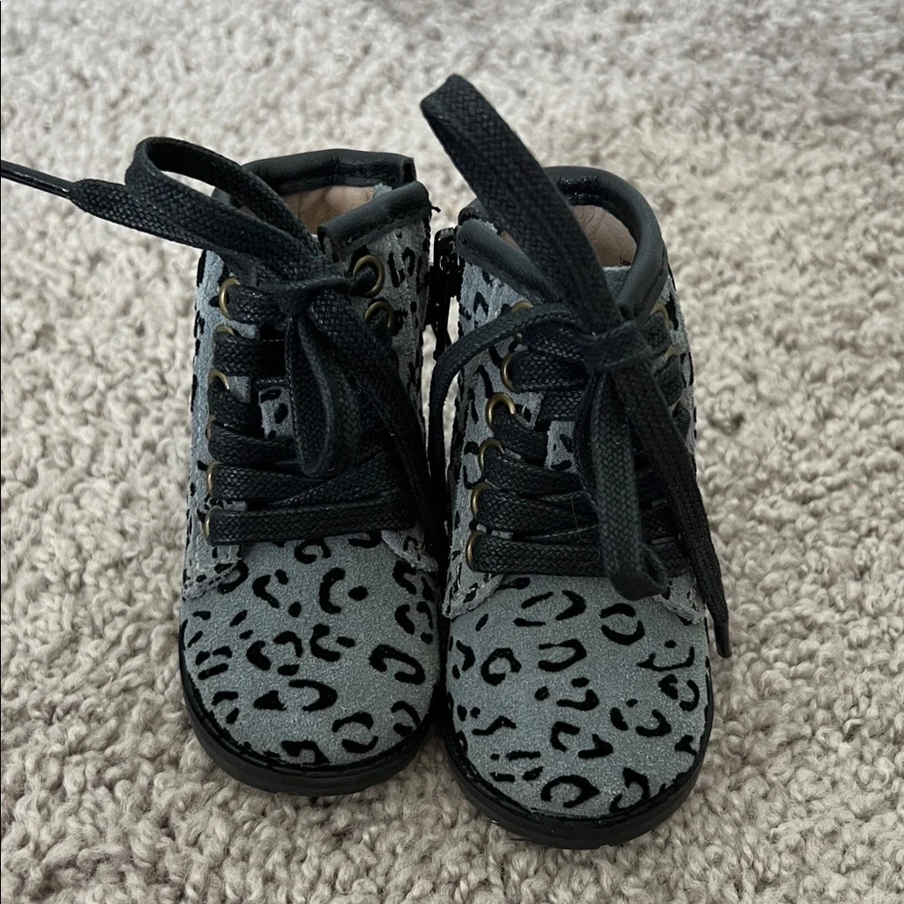 Monkey Feet Lace Up Leather Grey Cheetah Print Boots